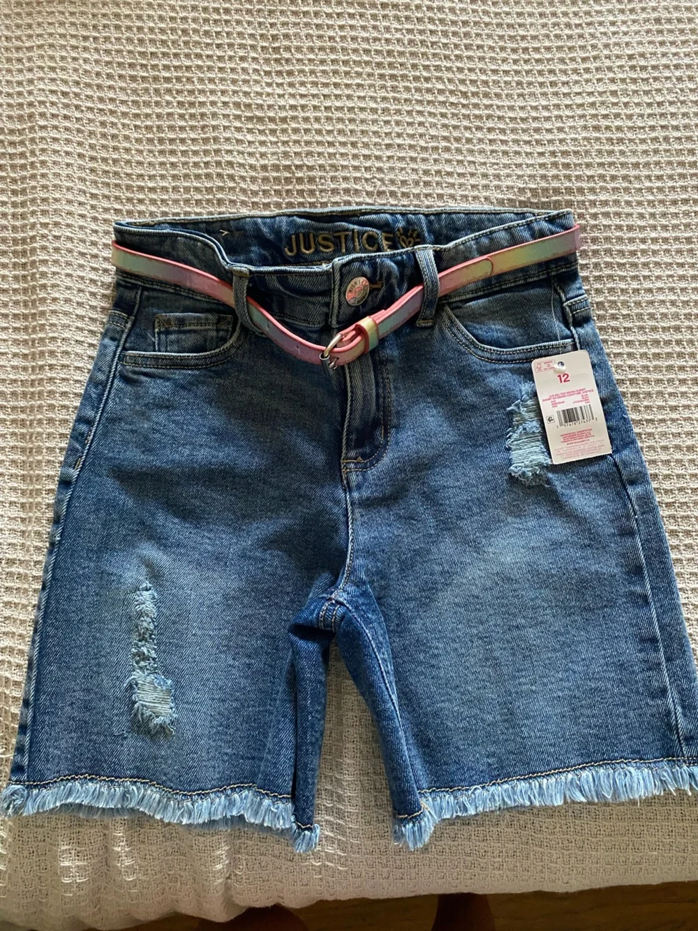 Justice Blue Distressed Denim Bermuda Shorts with Pink-Striped Belt